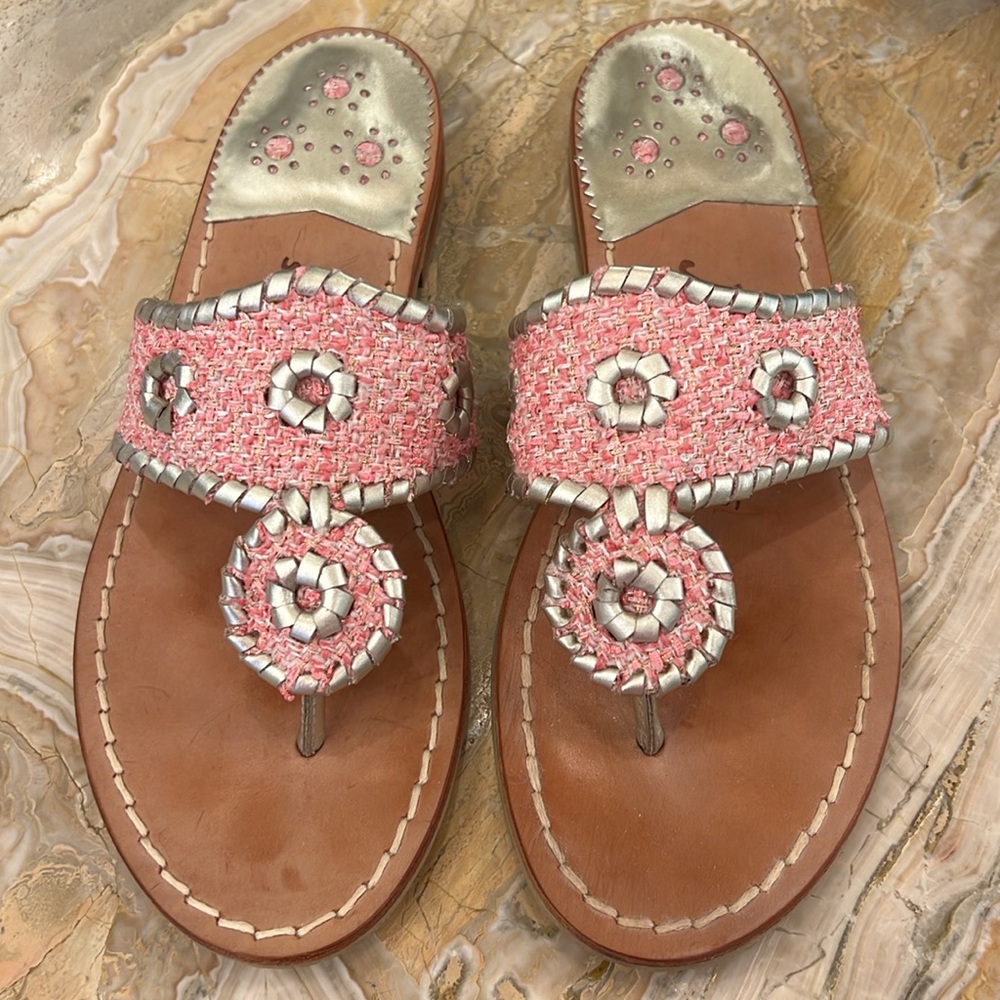 Jack Rogers Pink Tweed With Gold Whipstitching  Sandals, Size 6.5